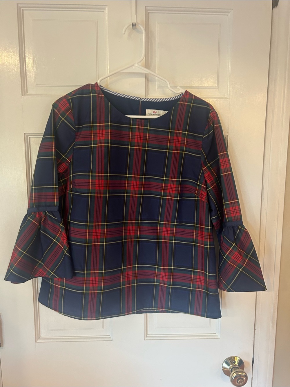 Vineyard Vines Navy Plaid Bell-Sleeve Top with Red and Yellow Stripes
